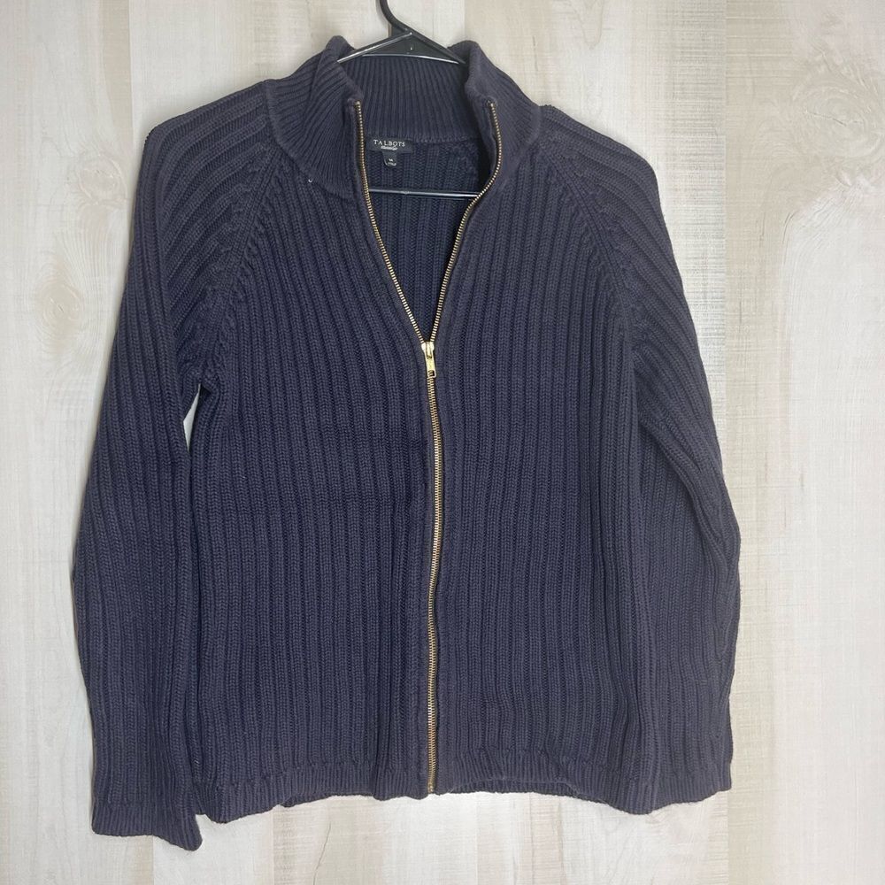Talbots navy long sleeve zip cardigan sweater, size medium